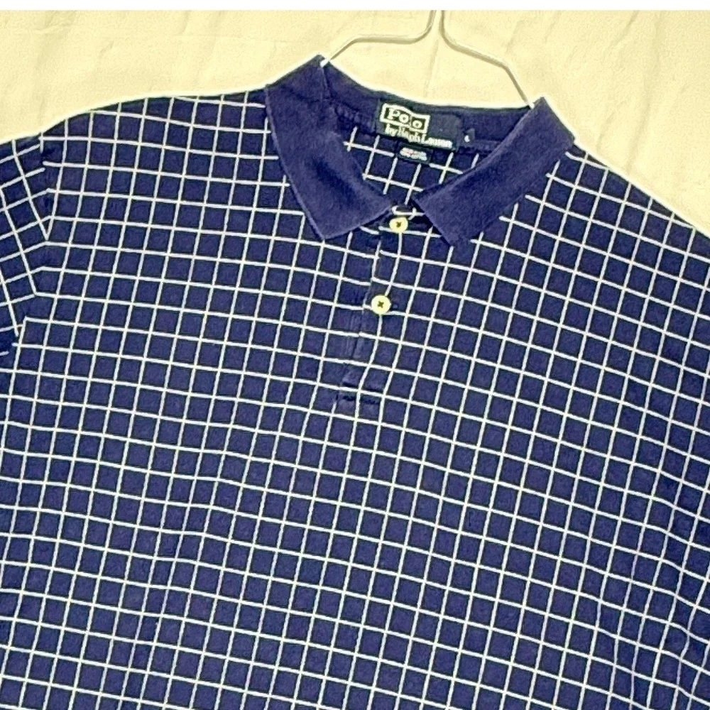 Polo Ralph Lauren Mens Grid Check Polo Shirt Blue White Cotton‎ Size L